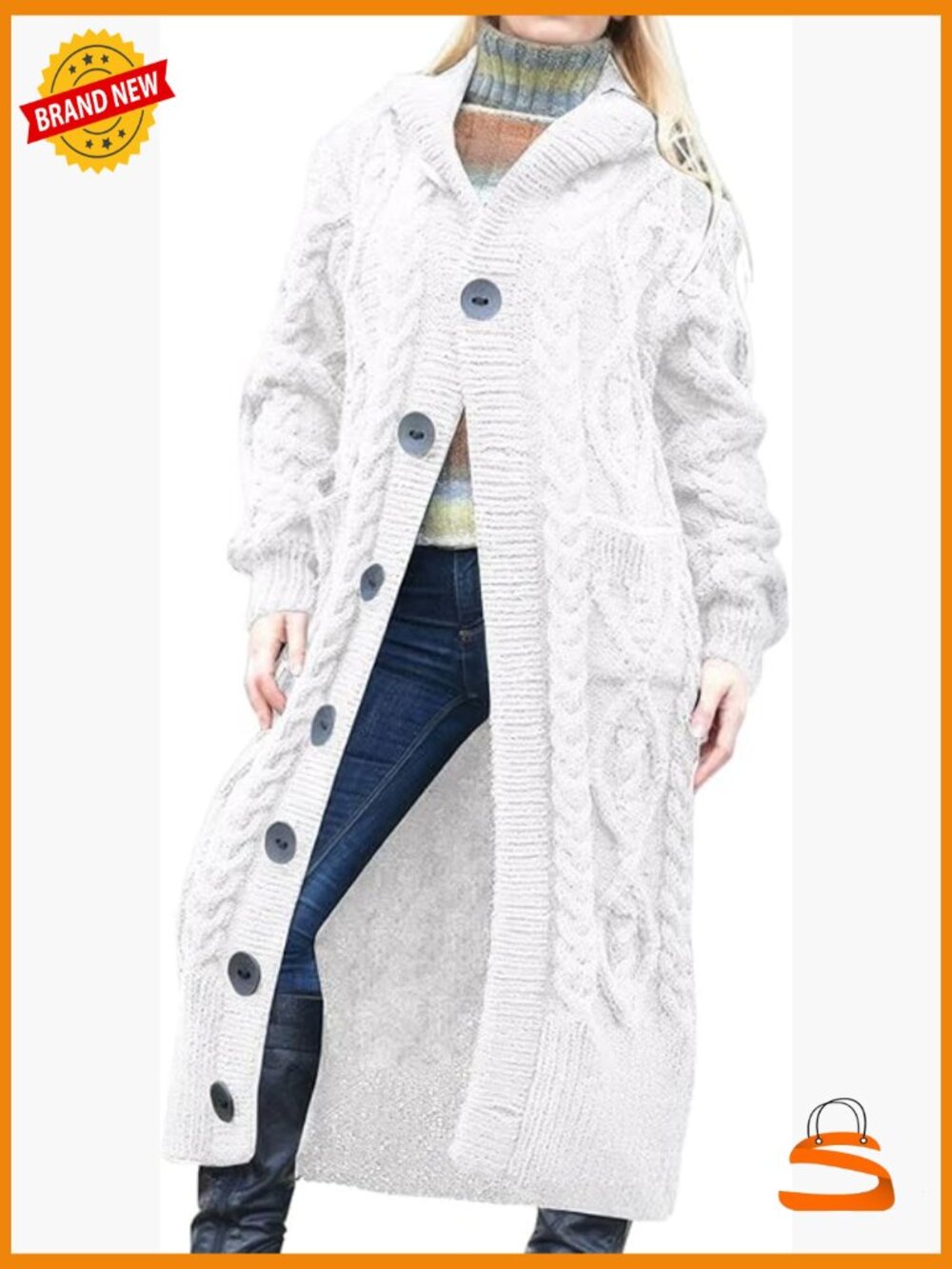 Chunky Knit Hooded Cardigan Long Sleeve Plus Size Over Knee Duster Coat with